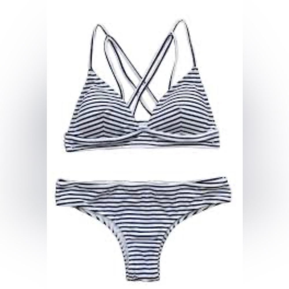 CUPSHE 2 piece White/Navy Stripe Sporty Swimsuit V Neck Back Cross